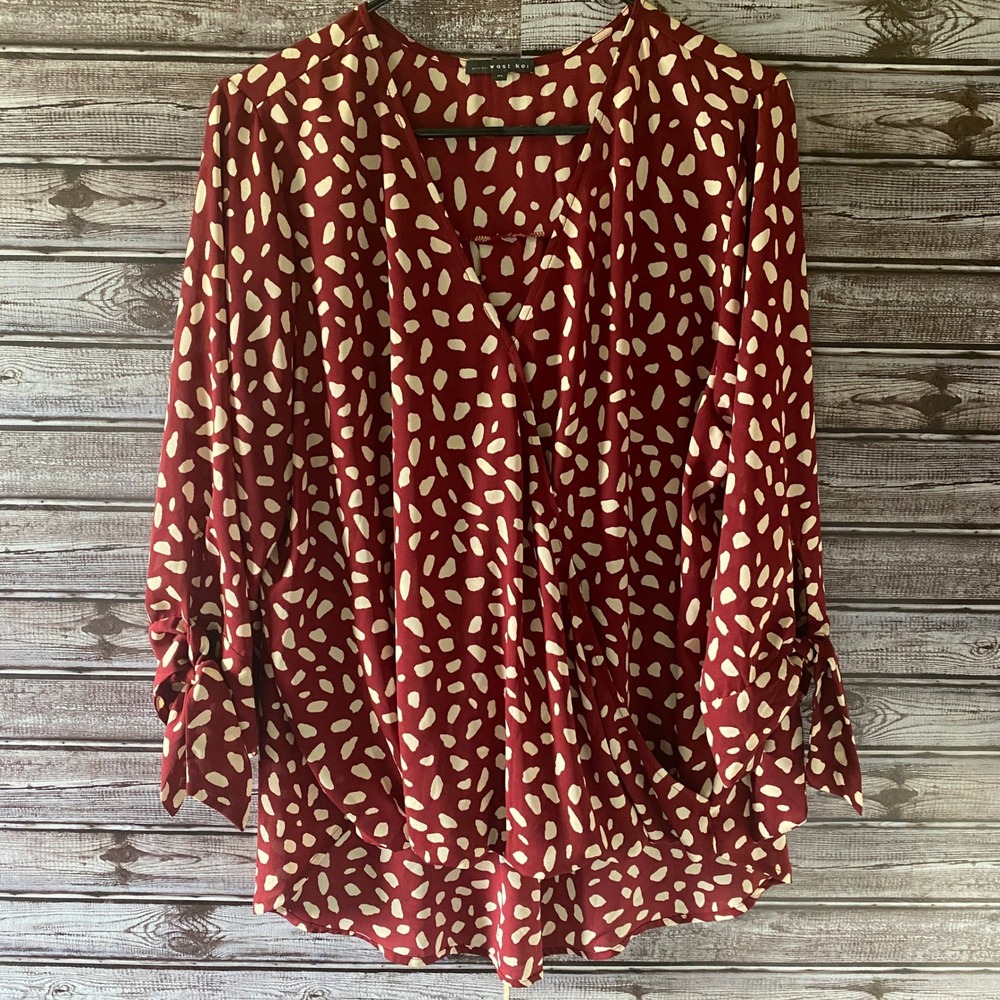 West Kei Women's Long-Sleeved Blouse Size XL Red Off-White V-Neck Tie